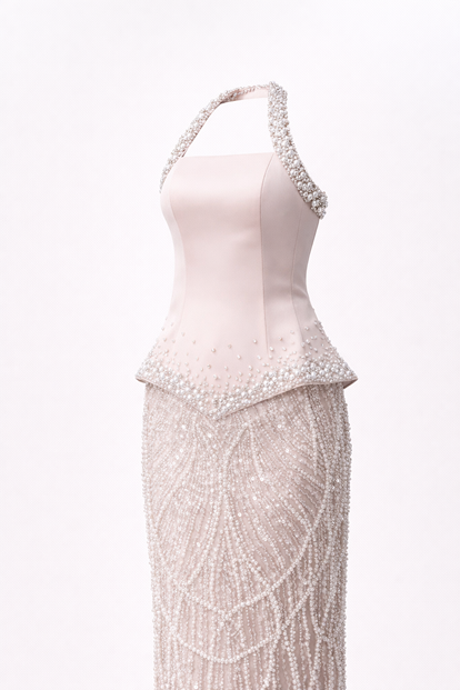 Puderrosa Abendkleid mit Neckholder und Perlenverzierungen